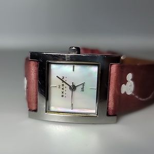 Disney Skagen womens stainless watch dusty pink leather wristband 2.2cm square